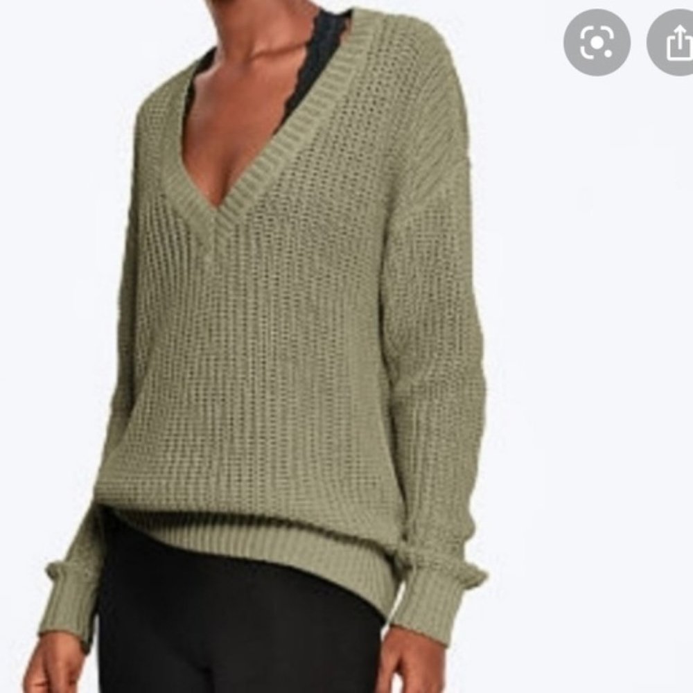 Victoria's Secret  PINK Heritage V-Neck Olive Knit Sweater, Sz S